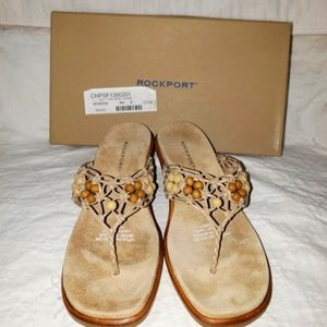 Rockport Beaded Leather Wedge Thong Sandals w/Wooden Wedge